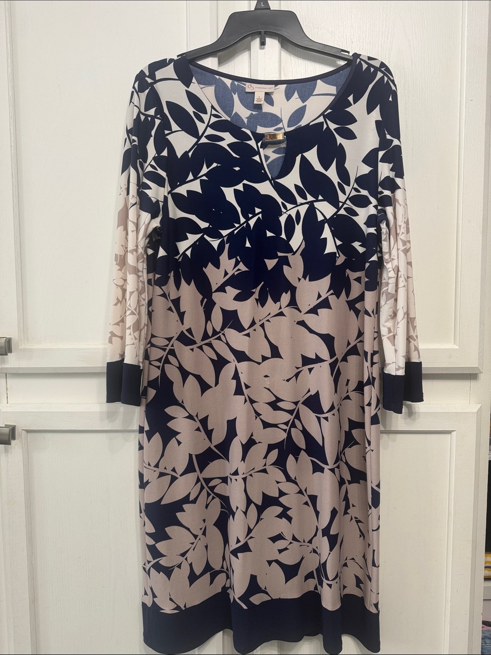 Navy and Cream Leaf-Print Long Sleeve Shift Dress
